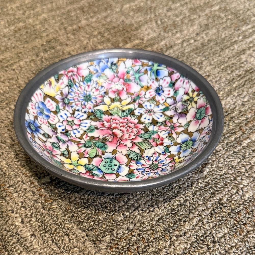 Vintage Japanese porcelain bowl encased in pewter